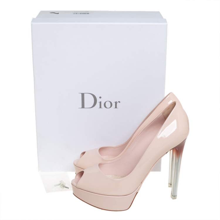 Pre Owned Dior Beige Patent Leather Miss Dior Peep Toe Platform Pumps Size 37.5