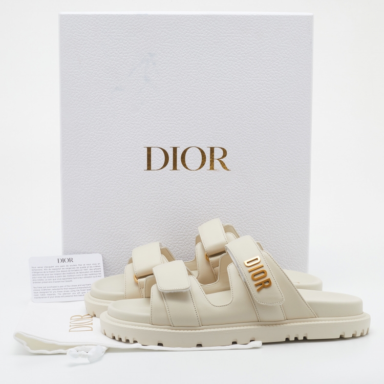 Pre Owned Dior Off White Leather DiorAct Flat Slides Size 38