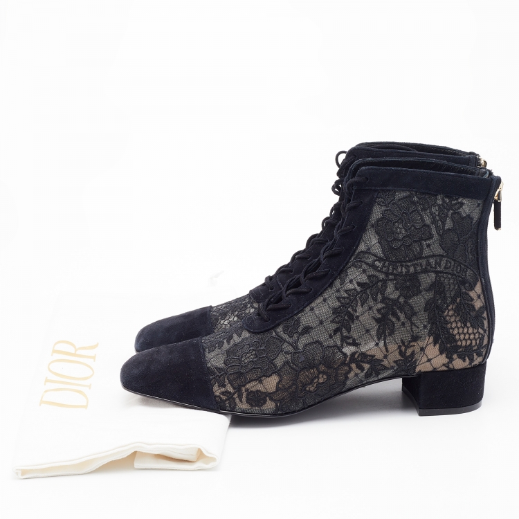 Pre Owned Dior Black Suede and Mesh Embroidered Naughtily-D Ankle Boots Size 39.5