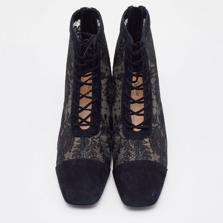 Pre Owned Dior Black Suede and Mesh Embroidered Naughtily-D Ankle Boots Size 39.5