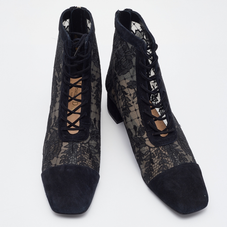 Pre Owned Dior Black Suede and Mesh Embroidered Naughtily-D Ankle Boots Size 39.5