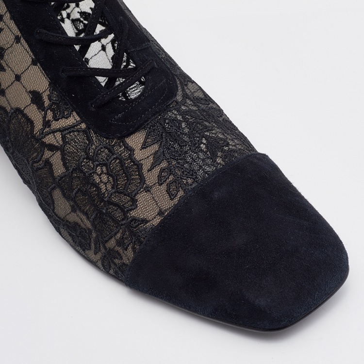 Pre Owned Dior Black Suede and Mesh Embroidered Naughtily-D Ankle Boots Size 39.5