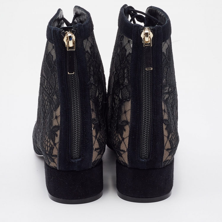Pre Owned Dior Black Suede and Mesh Embroidered Naughtily-D Ankle Boots Size 39.5