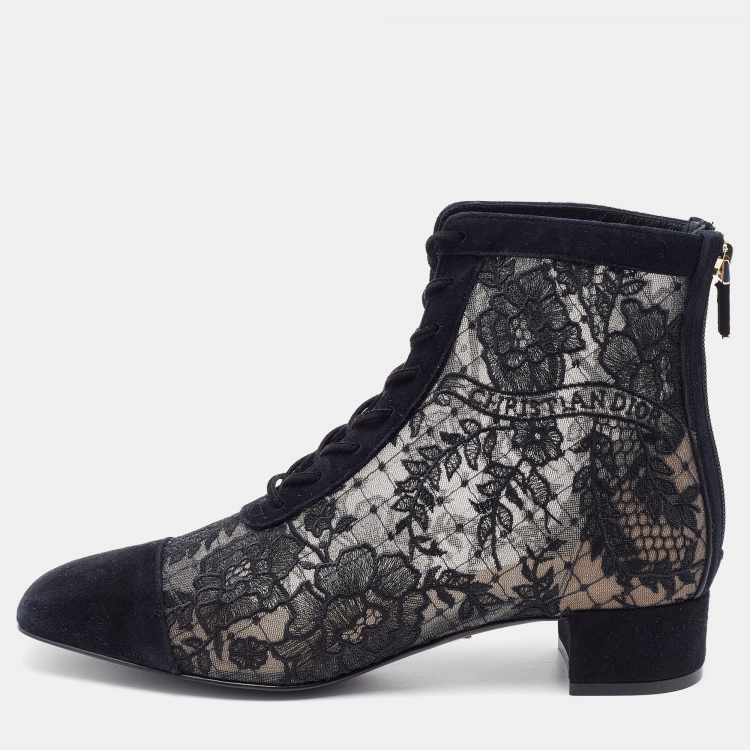 Dior Black Suede and Mesh Embroidered Naughtily-D Ankle Boots Size