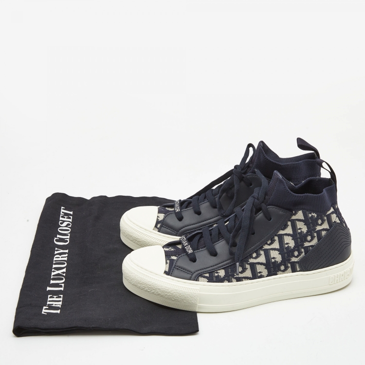 Pre Owned Dior Blue Knit Fabric and Leather Walk'n'Dior High Top Sneakers Size 38