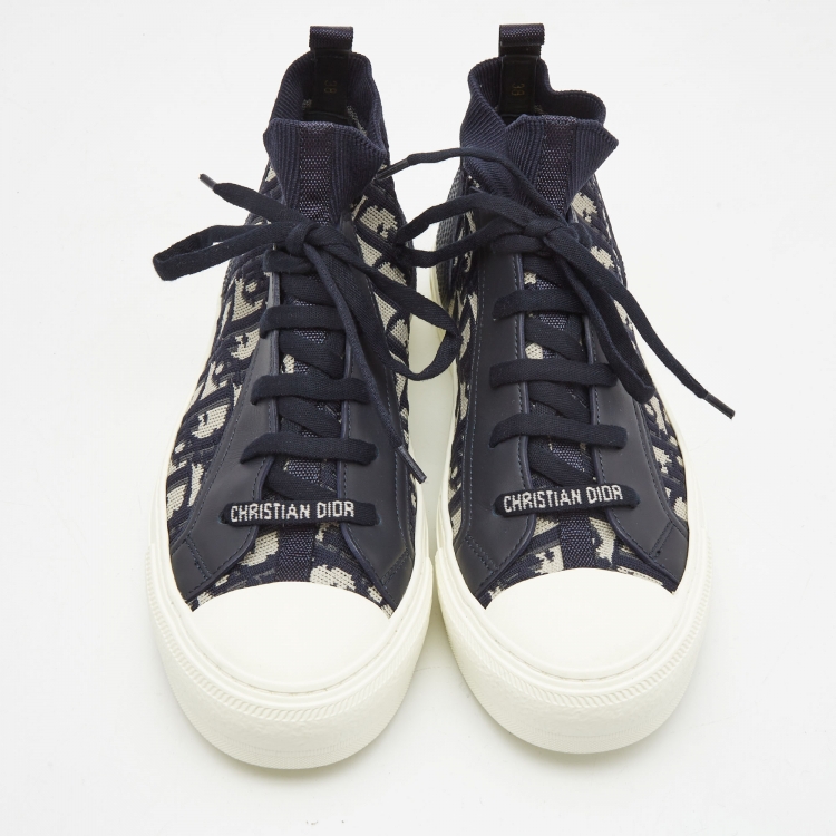 Pre Owned Dior Blue Knit Fabric and Leather Walk'n'Dior High Top Sneakers Size 38