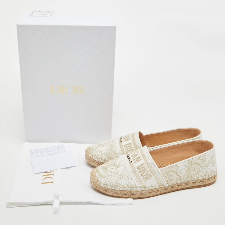 Pre Owned Dior White/Gold Embroidered Canvas Granville Espadrille Flats Size 38