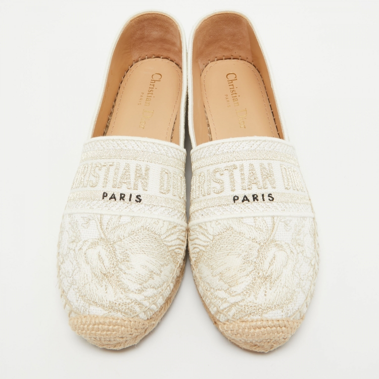 Pre Owned Dior White/Gold Embroidered Canvas Granville Espadrille Flats Size 38