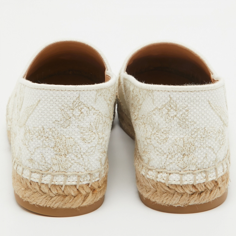 Pre Owned Dior White/Gold Embroidered Canvas Granville Espadrille Flats Size 38