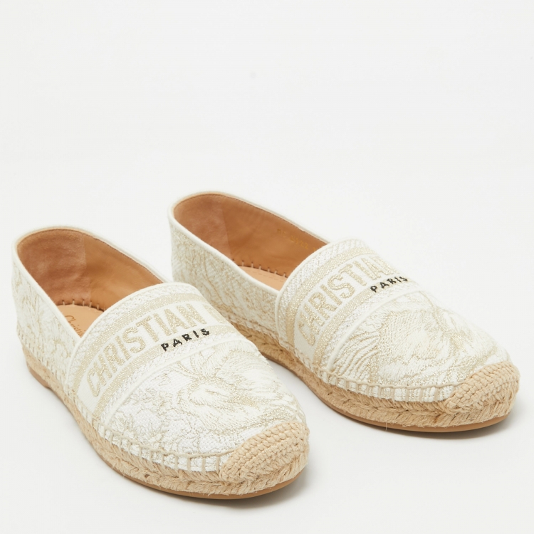 Pre Owned Dior White/Gold Embroidered Canvas Granville Espadrille Flats Size 38