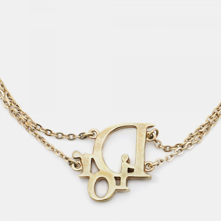 Pre Owned Dior Oblique Crystal Logo Gold Tone Bracelet
