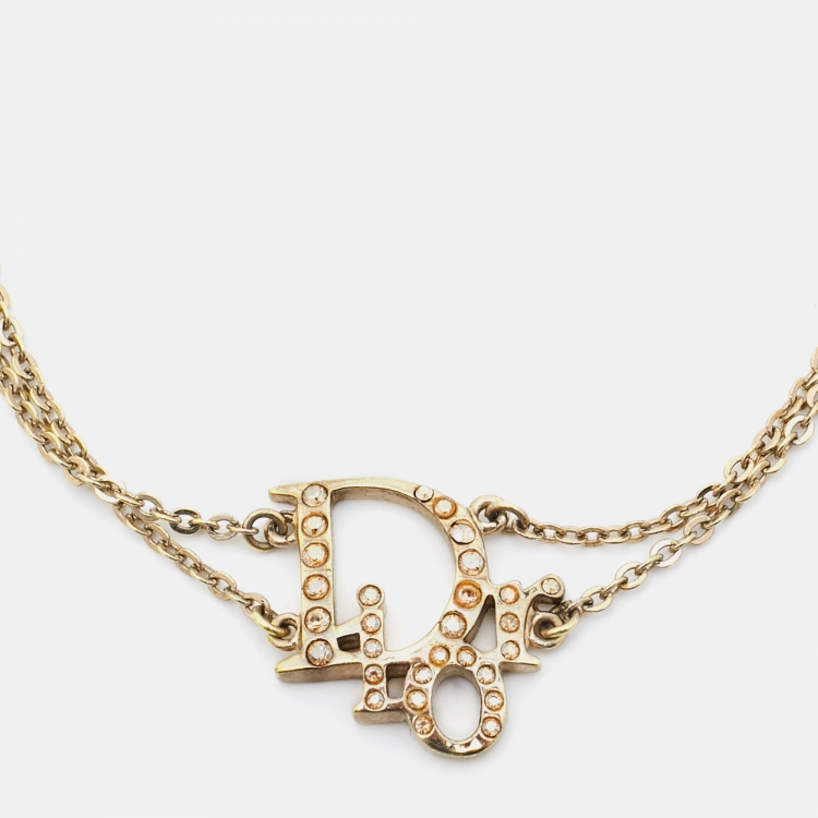 Pre Owned Dior Oblique Crystal Logo Gold Tone Bracelet