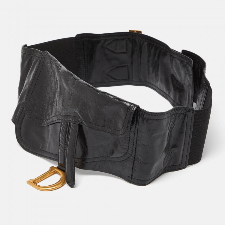 Pre Owned Dior Black Crinkled Leather and Stretch Band Saddle Belt 90 CM