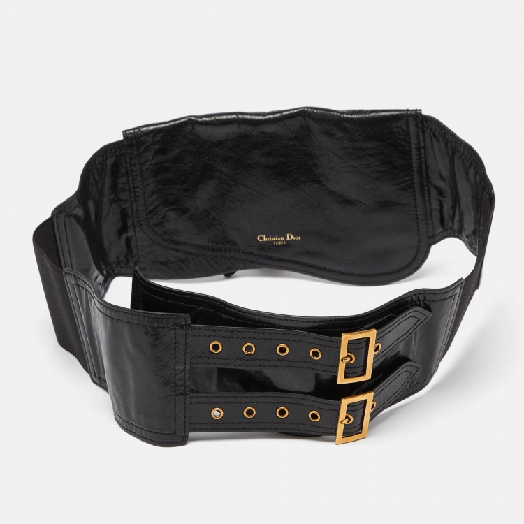 Pre Owned Dior Black Crinkled Leather and Stretch Band Saddle Belt 90 CM