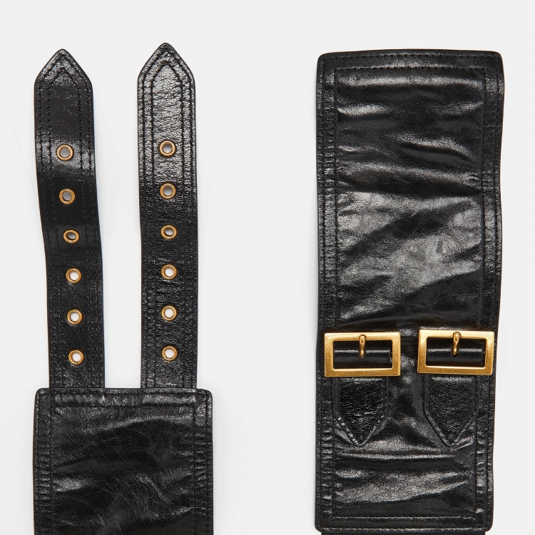 Pre Owned Dior Black Crinkled Leather and Stretch Band Saddle Belt 90 CM