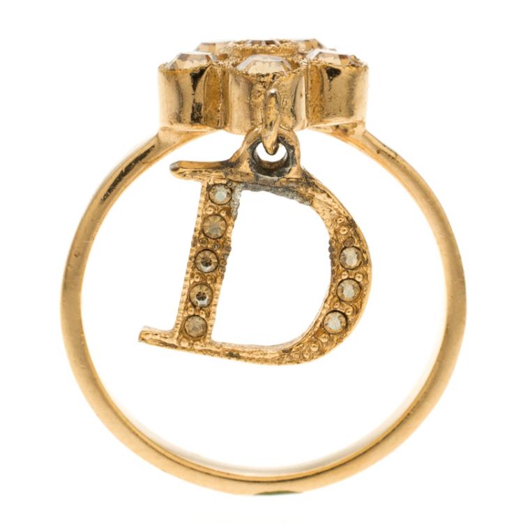 Pre Owned Dior Flower Crystal Rose Gold Tone D Charm Ring Size 56