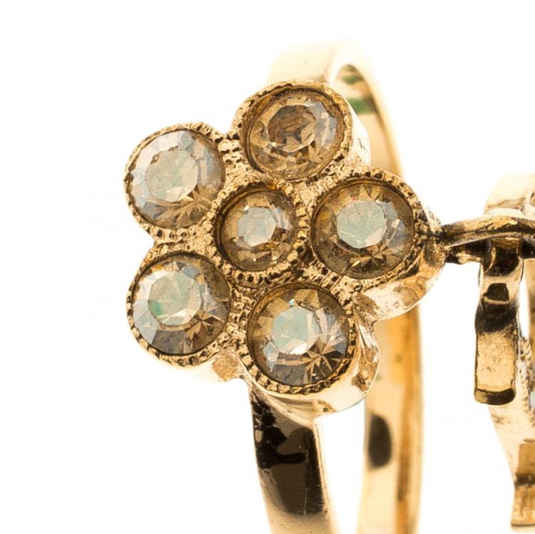 Pre Owned Dior Flower Crystal Rose Gold Tone D Charm Ring Size 56