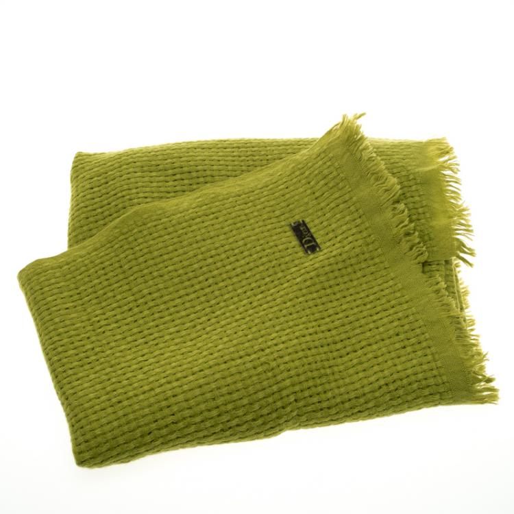 Pre Owned Dior Lime Green Basketweave Cashmere Fringed Edge Shawl