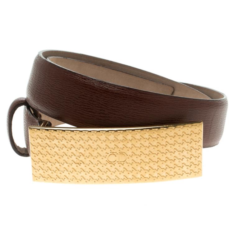Pre Owned Dior Brown Leather Gold Buckle Belt 80cm