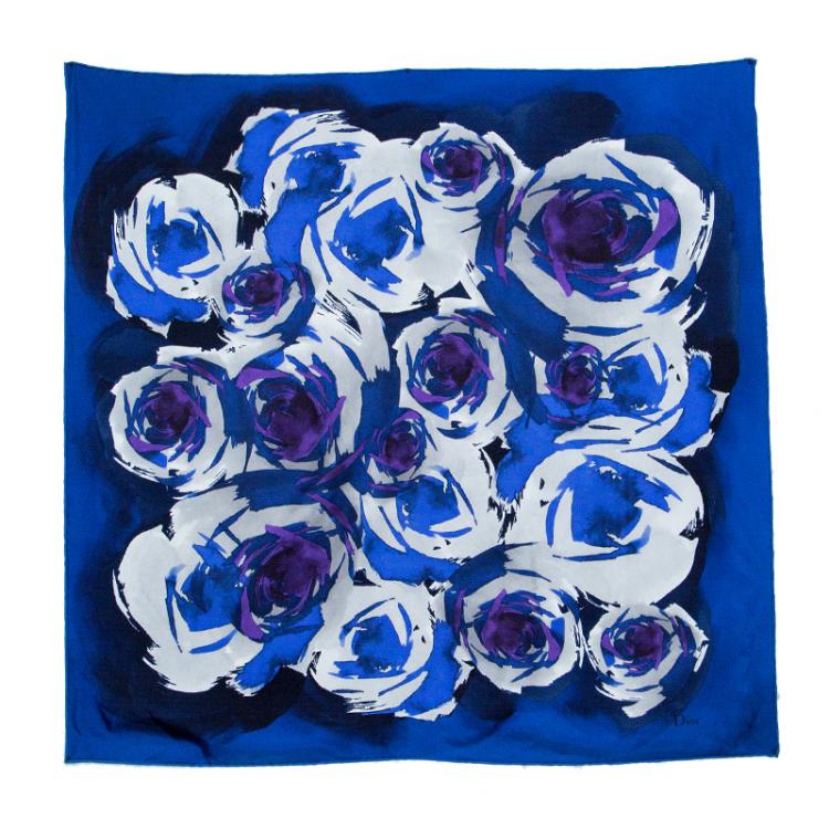 Pre Owned Dior Blue Abstract Rose Print Silk Square Scarf