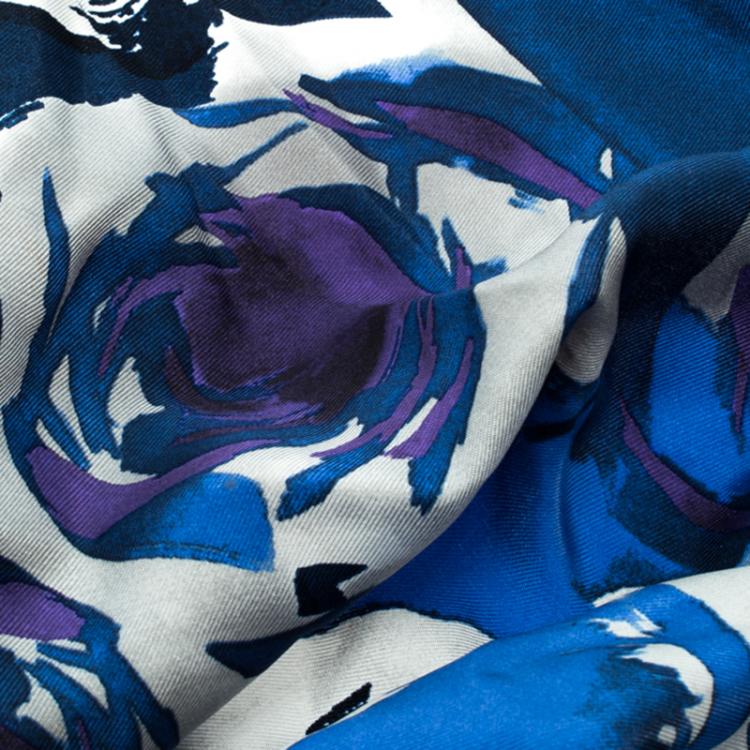 Pre Owned Dior Blue Abstract Rose Print Silk Square Scarf