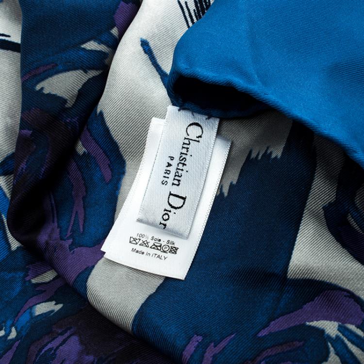 Pre Owned Dior Blue Abstract Rose Print Silk Square Scarf