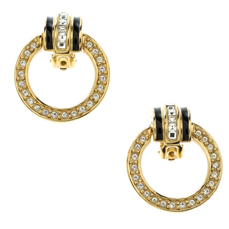 Pre Owned Dior Crystal Enamel Gold Tone Dangle Clip On Earrings