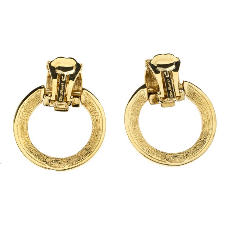 Pre Owned Dior Crystal Enamel Gold Tone Dangle Clip On Earrings