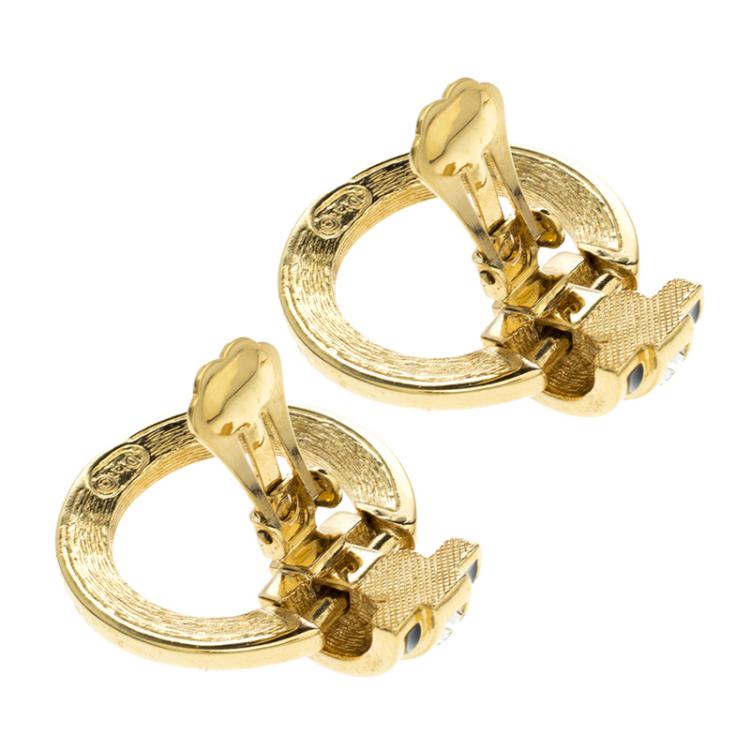 Pre Owned Dior Crystal Enamel Gold Tone Dangle Clip On Earrings