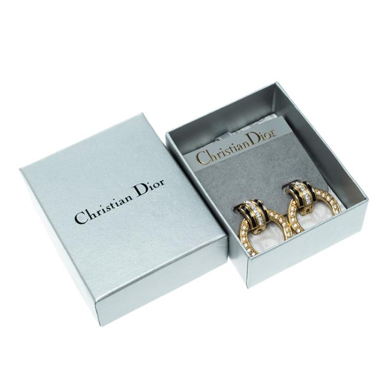 Pre Owned Dior Crystal Enamel Gold Tone Dangle Clip On Earrings