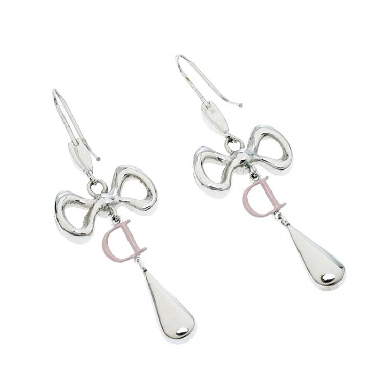 Pre Owned Dior Bow Crystal Enamel Silver Tone Dangle Hook Earrings
