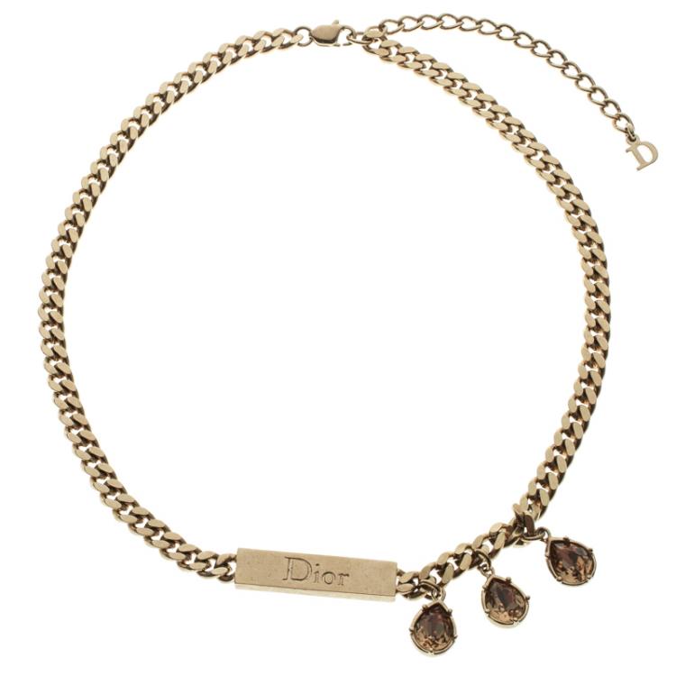 Pre Owned Dior Crystal Rose Gold Tone Chain Choker Necklace 