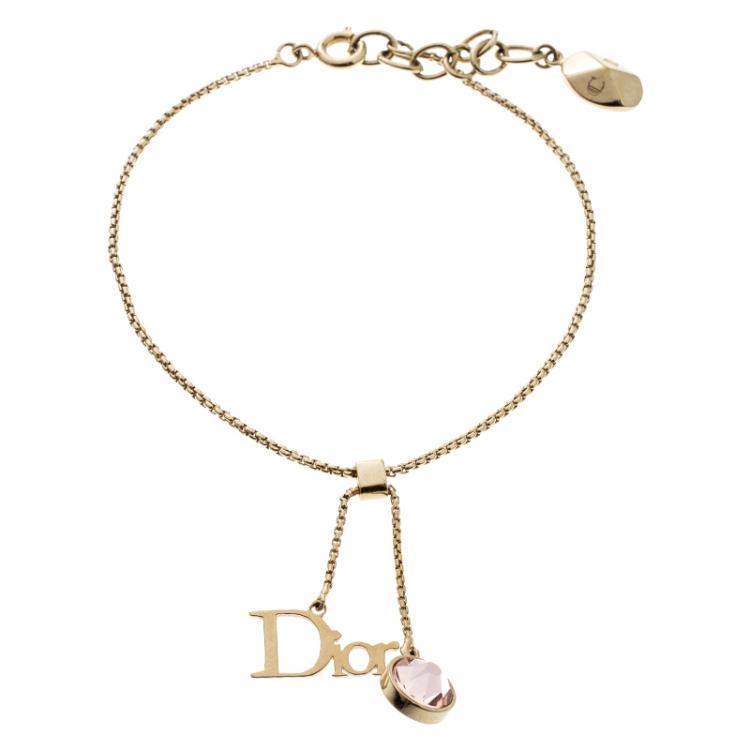 مملوكة مسبقًا Dior by Dior Pink Crystal Gold Tone Charm Bracelet 