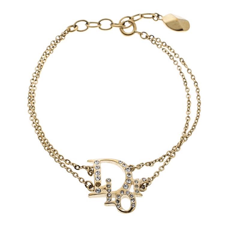 Pre Owned Dior Oblique Crystal Gold Tone Bracelet 19cm