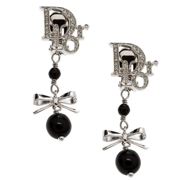 Pre Owned Dior Oblique Crystal Bow Silver Tone Clip-on Drop Earrings 