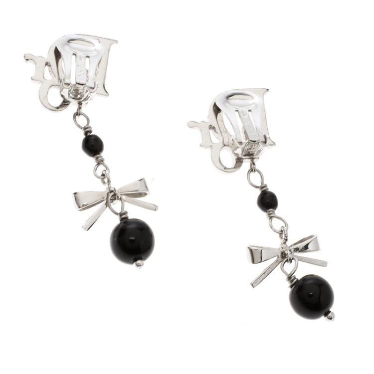 Pre Owned Dior Oblique Crystal Bow Silver Tone Clip-on Drop Earrings 