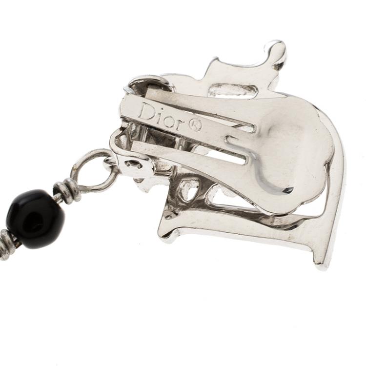 Pre Owned Dior Oblique Crystal Bow Silver Tone Clip-on Drop Earrings 