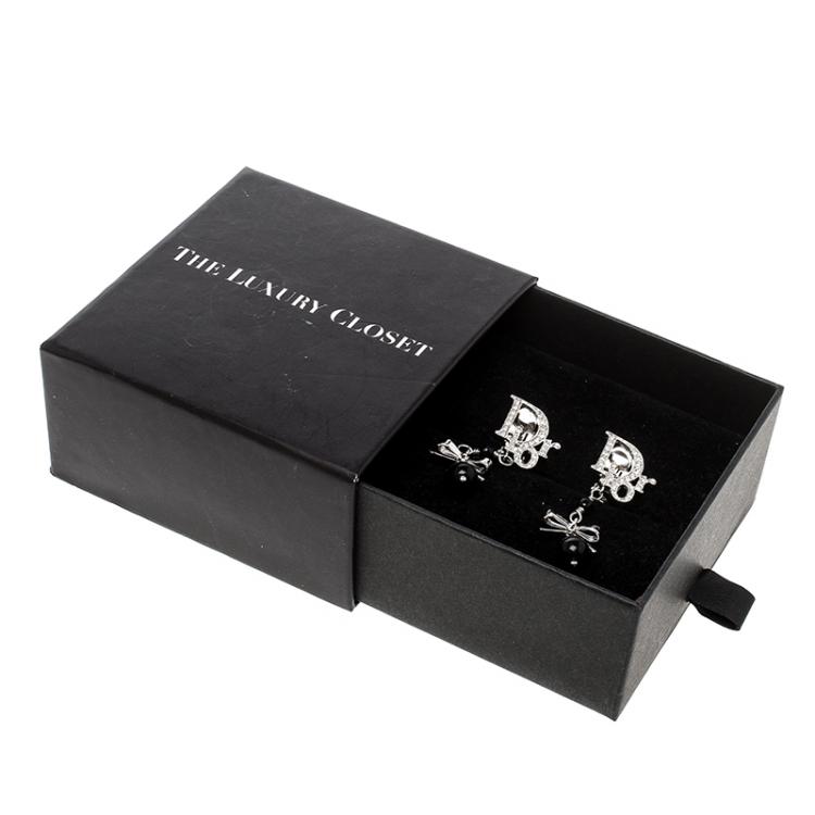 Pre Owned Dior Oblique Crystal Bow Silver Tone Clip-on Drop Earrings 