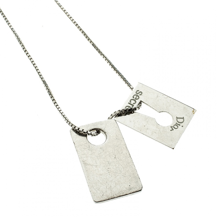 Pre Owned Dior Secret Tag Enamel Silver Tone Pendant Necklace