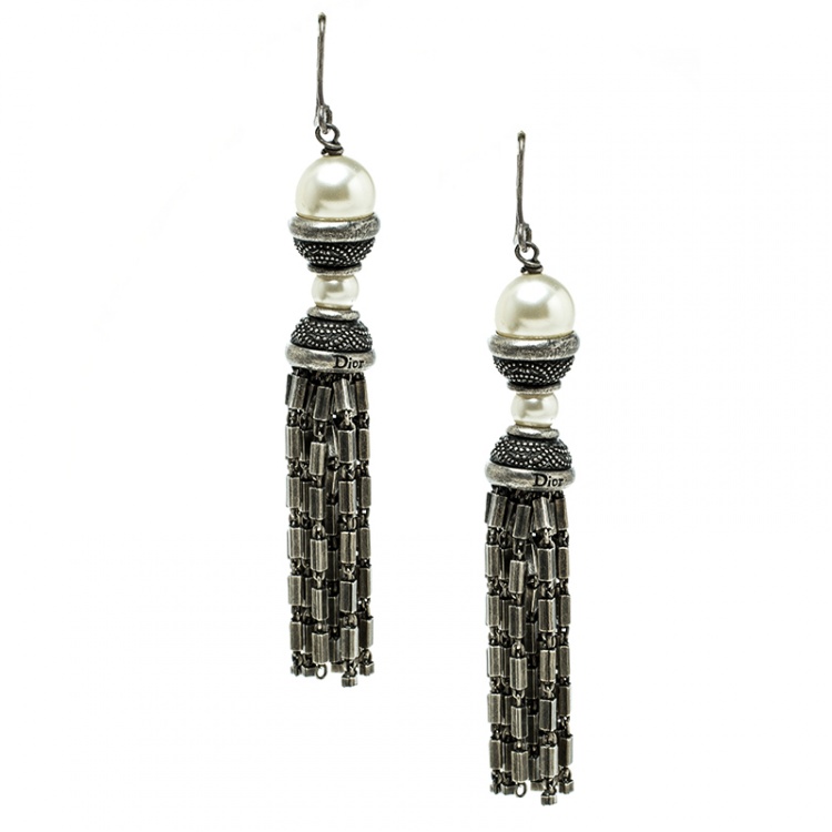 Pre Owned Dior Faux Pearl Silver Tone Tassel Dangle Hook Earrings 