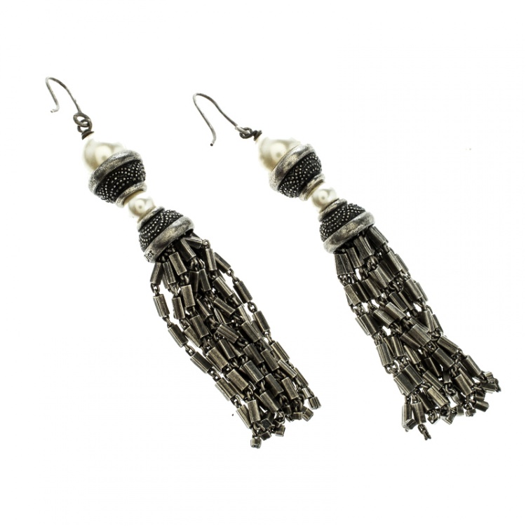 Pre Owned Dior Faux Pearl Silver Tone Tassel Dangle Hook Earrings 
