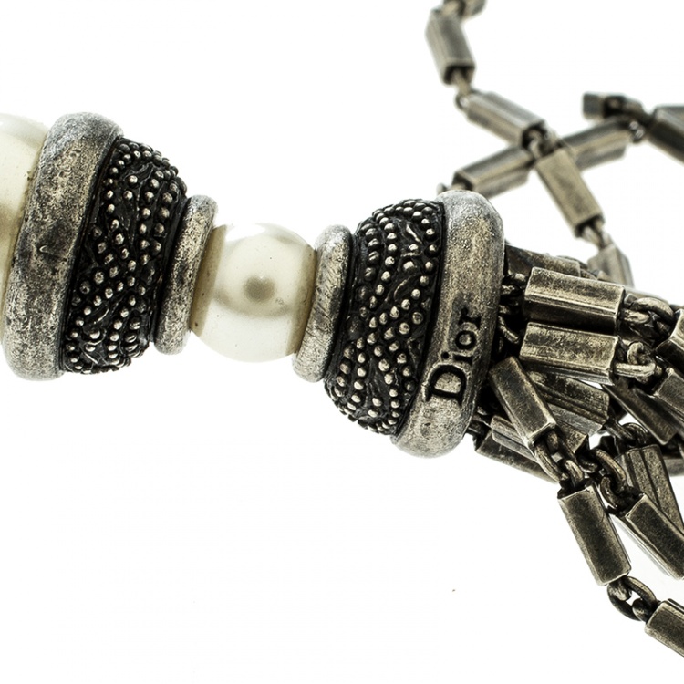 Pre Owned Dior Faux Pearl Silver Tone Tassel Dangle Hook Earrings 