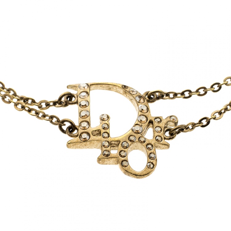 Pre Owned Dior Oblique Crystal Gold Tone Bracelet 20 cm