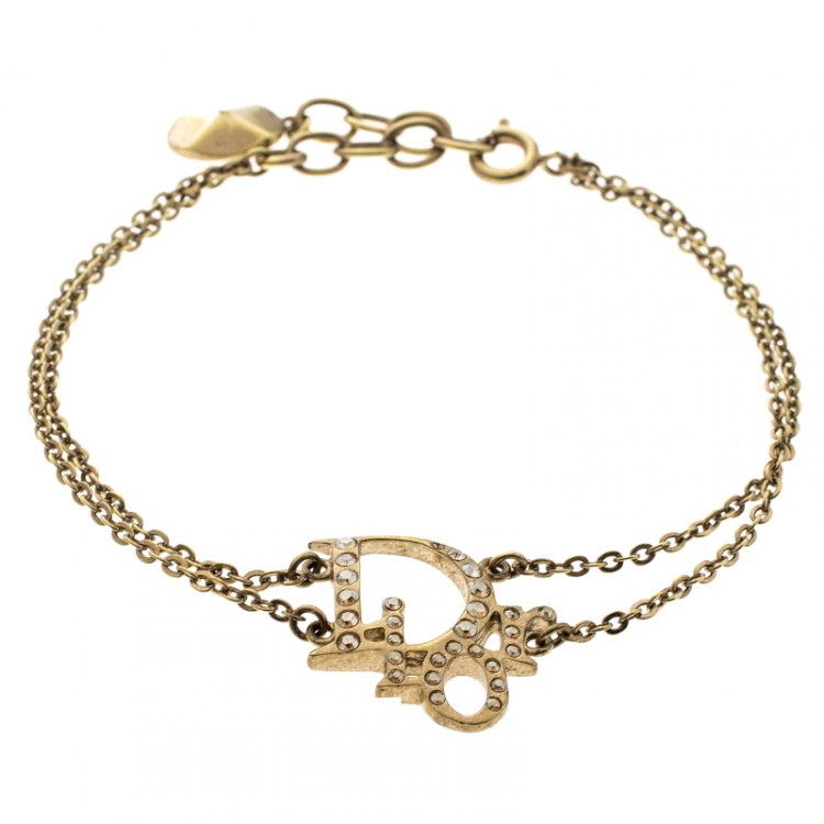 Pre Owned Dior Oblique Crystal Gold Tone Bracelet 20 cm