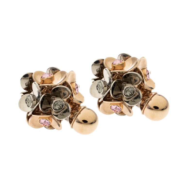 Pre Owned Dior Tribale Crystal Two Tone Flower Stud Earrings