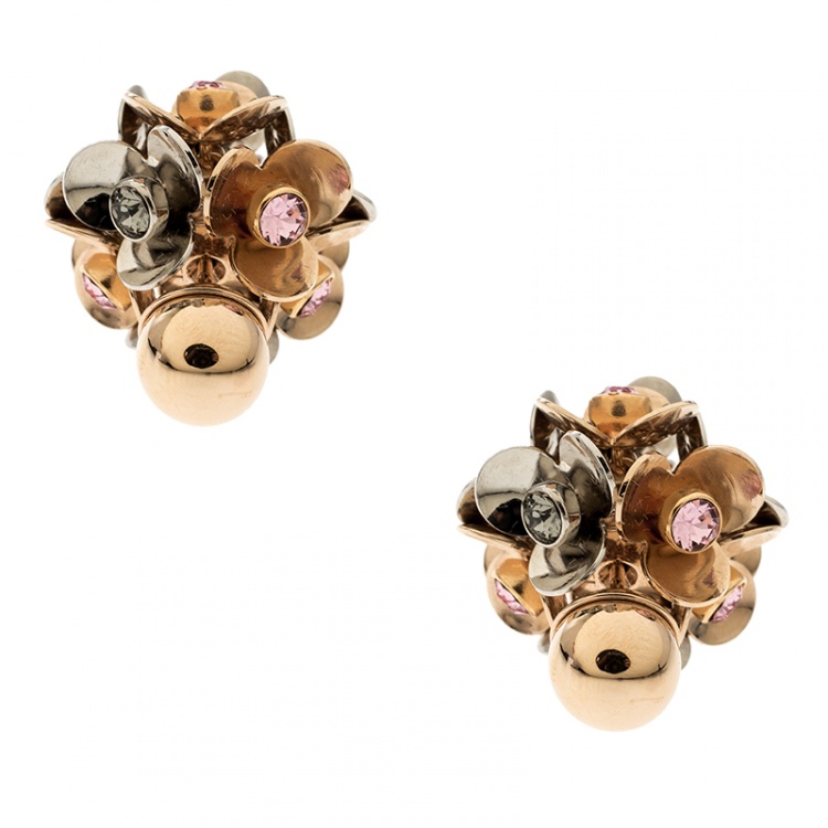 Pre Owned Dior Tribale Crystal Two Tone Flower Stud Earrings