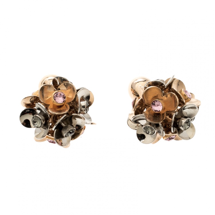 Pre Owned Dior Tribale Crystal Two Tone Flower Stud Earrings