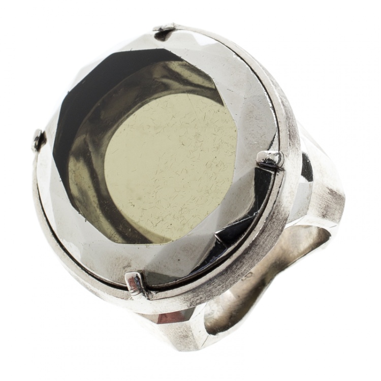 Pre Owned Dior Oval Crystal Silver Tone Oversized Ring Size 57