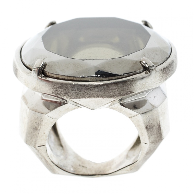 Pre Owned Dior Oval Crystal Silver Tone Oversized Ring Size 57