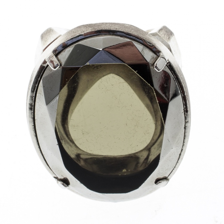 Pre Owned Dior Oval Crystal Silver Tone Oversized Ring Size 57